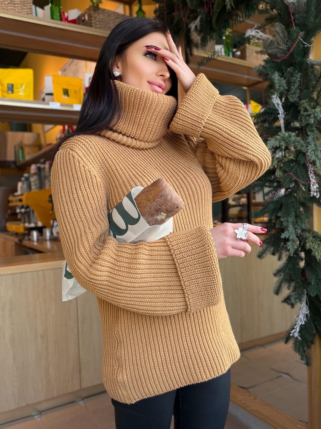 Large oversize merino wool turtleneck sweater dress Hand knit merino wool sweater dress Cable knit big pullover Chunky knit high big collar