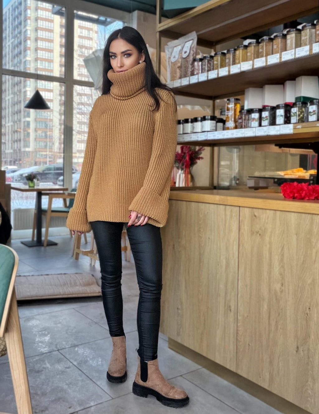 Large oversize merino wool turtleneck sweater dress Hand knit merino wool sweater dress Cable knit big pullover Chunky knit high big collar
