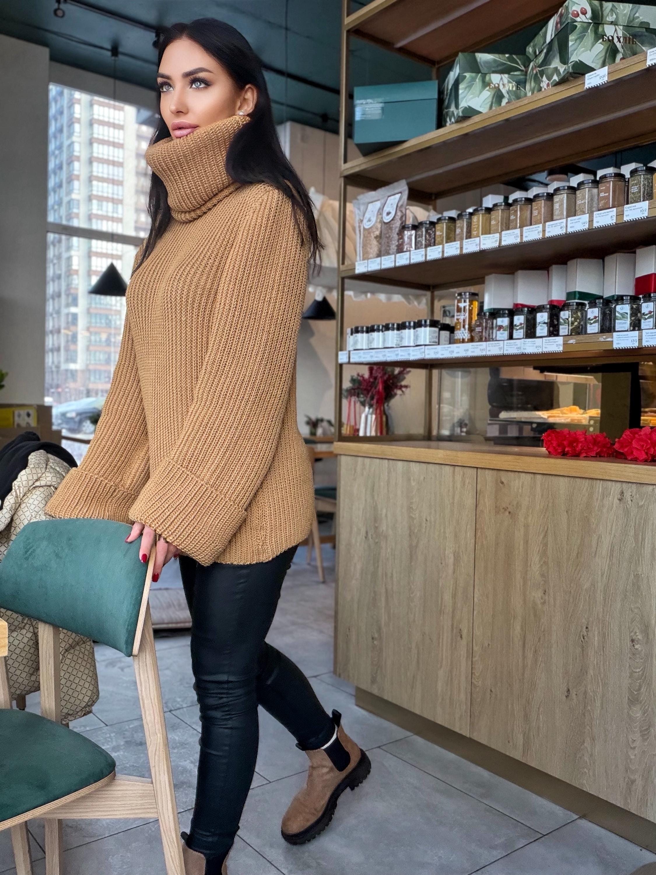 Large oversize merino wool turtleneck sweater dress Hand knit merino wool sweater dress Cable knit big pullover Chunky knit high big collar