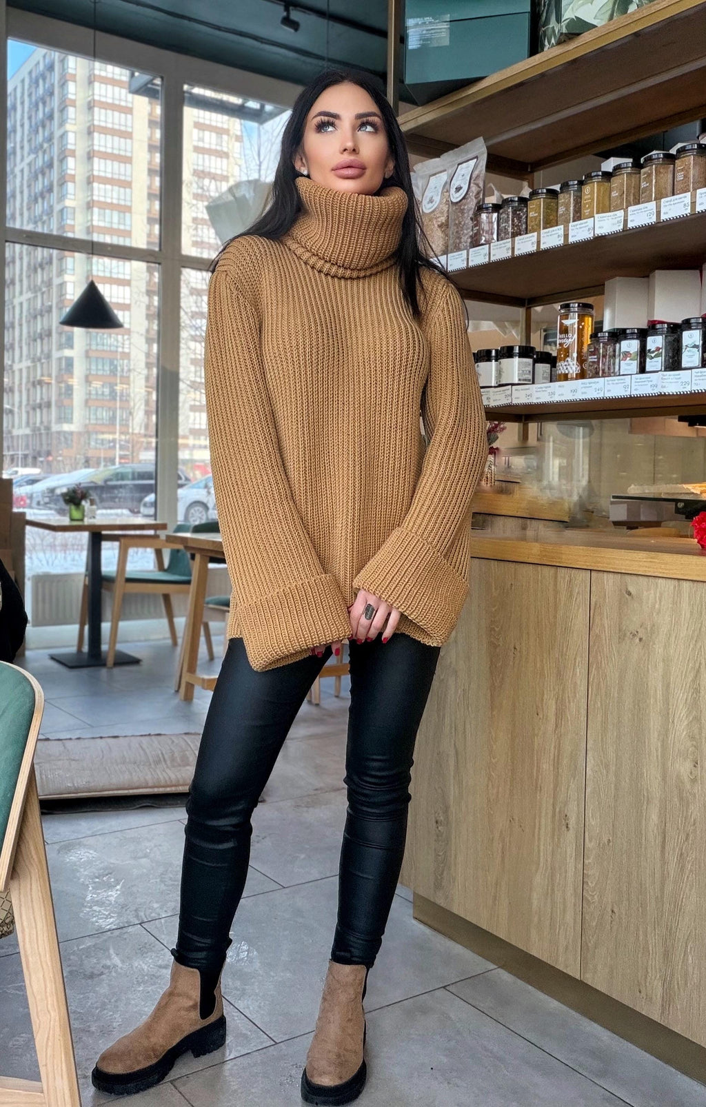 Large oversize merino wool turtleneck sweater dress Hand knit merino wool sweater dress Cable knit big pullover Chunky knit high big collar