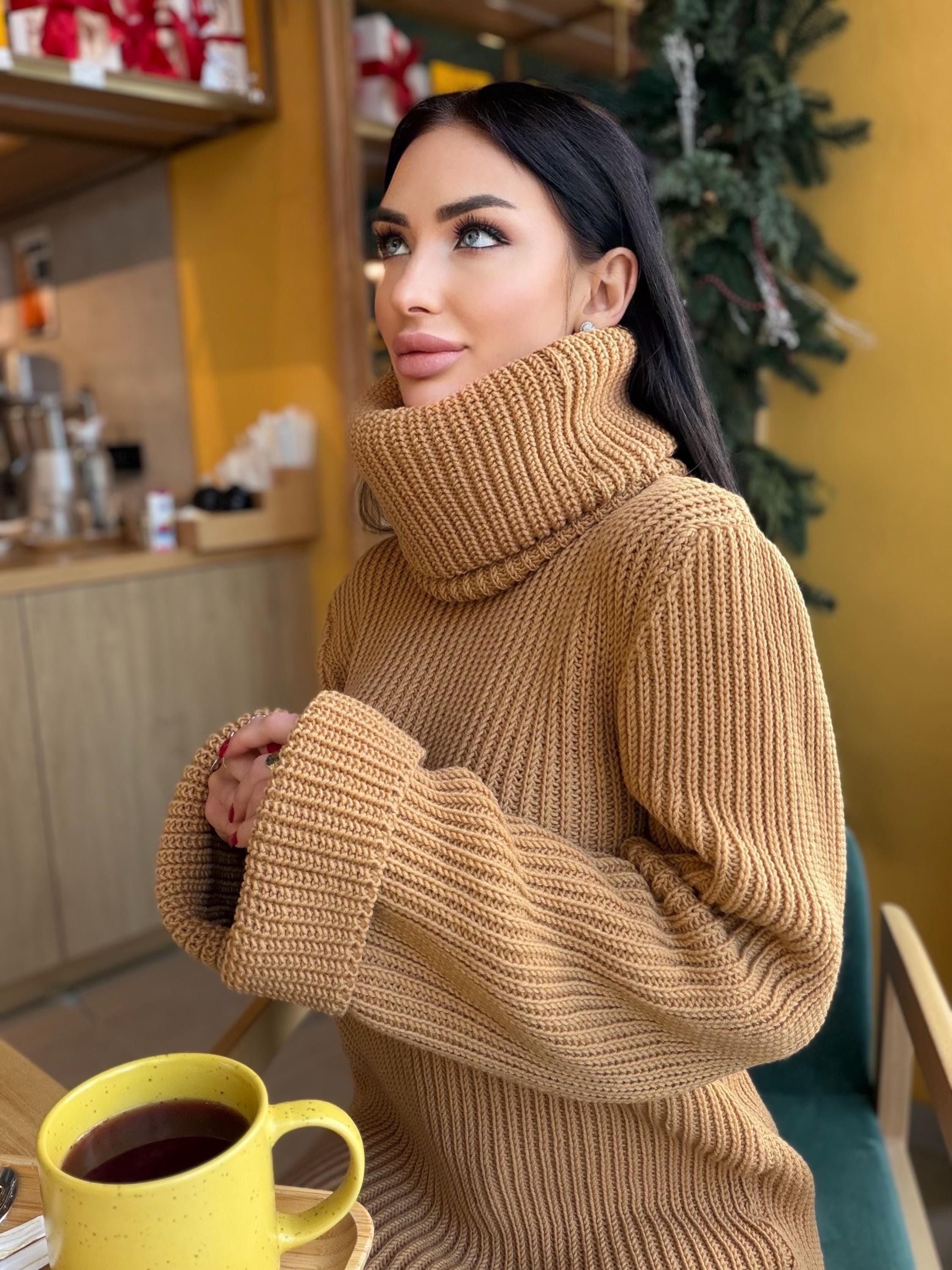 Large oversize merino wool turtleneck sweater dress Hand knit merino wool sweater dress Cable knit big pullover Chunky knit high big collar