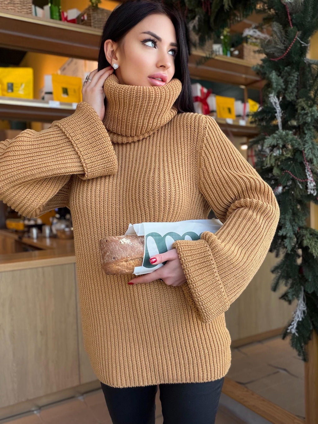 Large oversize merino wool turtleneck sweater dress Hand knit merino wool sweater dress Cable knit big pullover Chunky knit high big collar