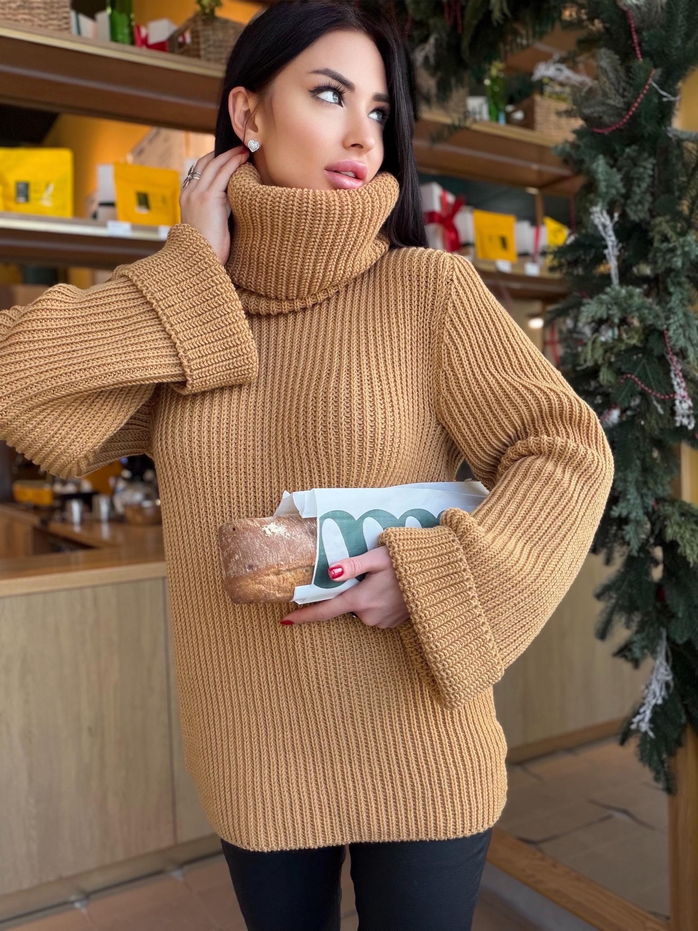 Large oversize merino wool turtleneck sweater dress Hand knit merino wool sweater dress Cable knit big pullover Chunky knit high big collar