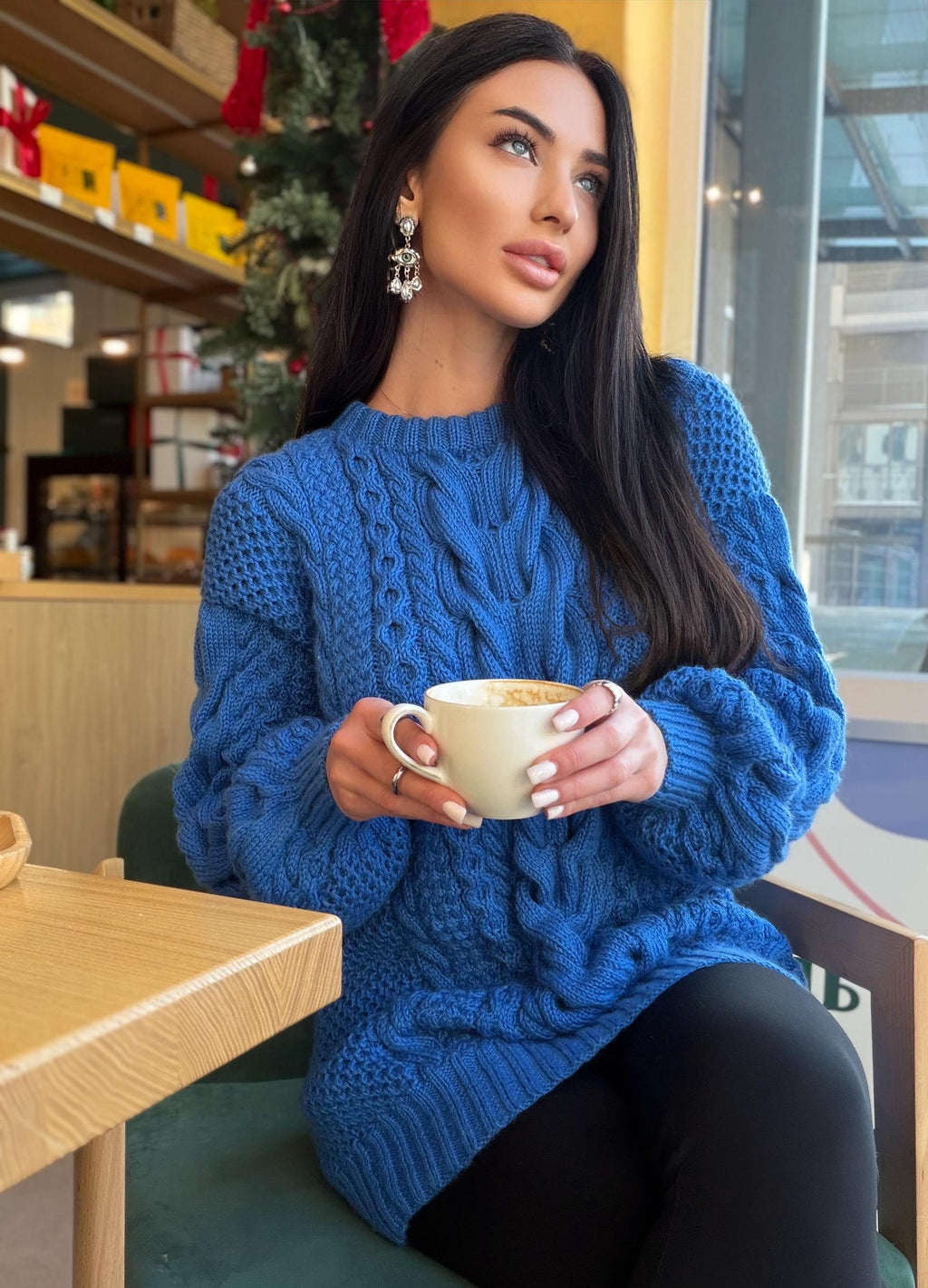 Large big merino wool royal blue hand knit sweater dress Cable knit Aran sweater Chunky knit sweater round collar Winter outfits
