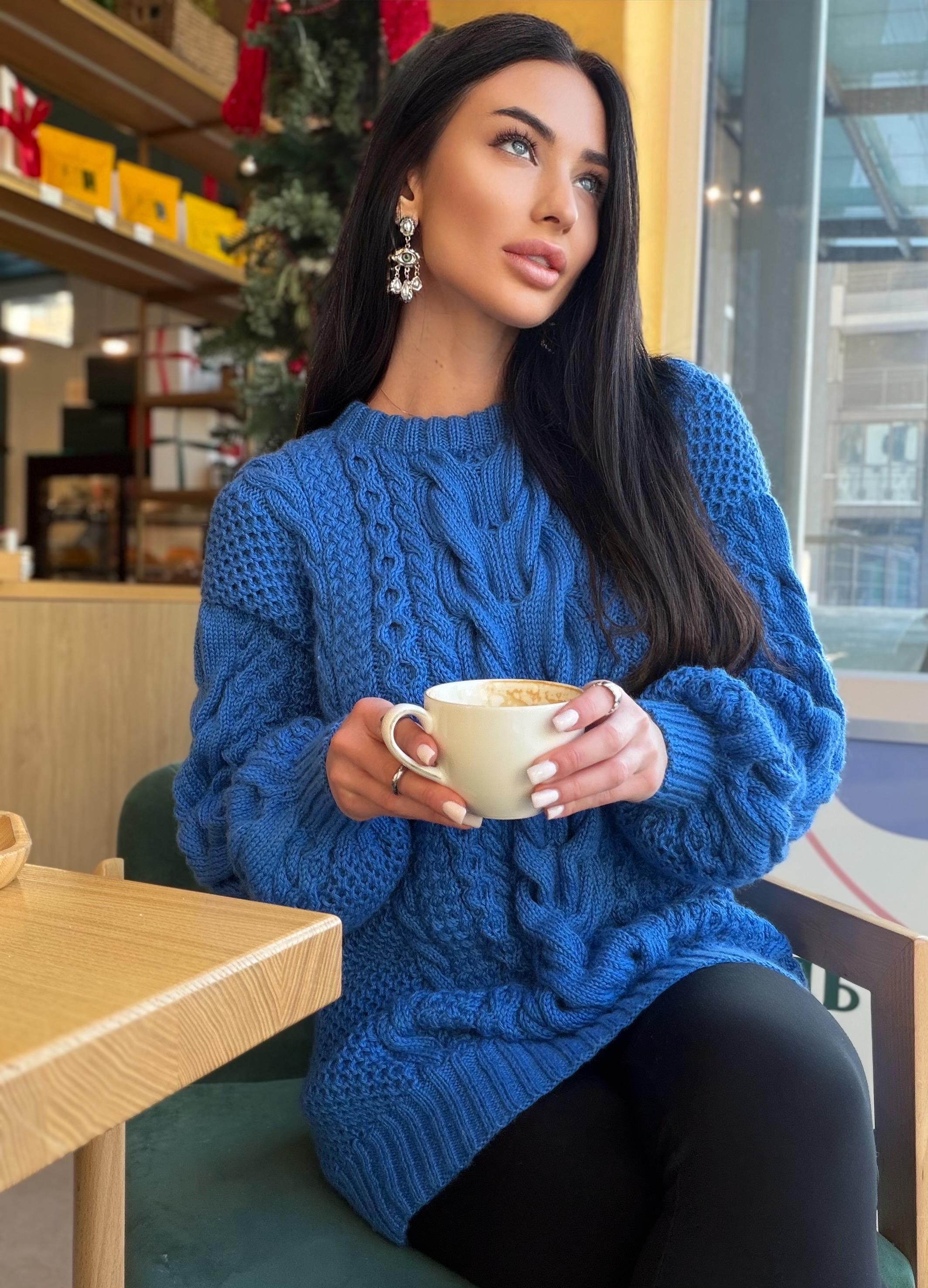 Large big merino wool royal blue hand knit sweater dress Cable knit Aran sweater Chunky knit sweater round collar Winter outfits