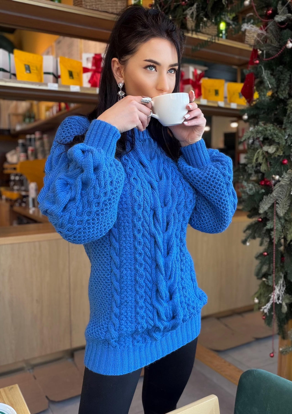 Large big merino wool royal blue hand knit sweater dress Cable knit Aran sweater Chunky knit sweater round collar Winter outfits