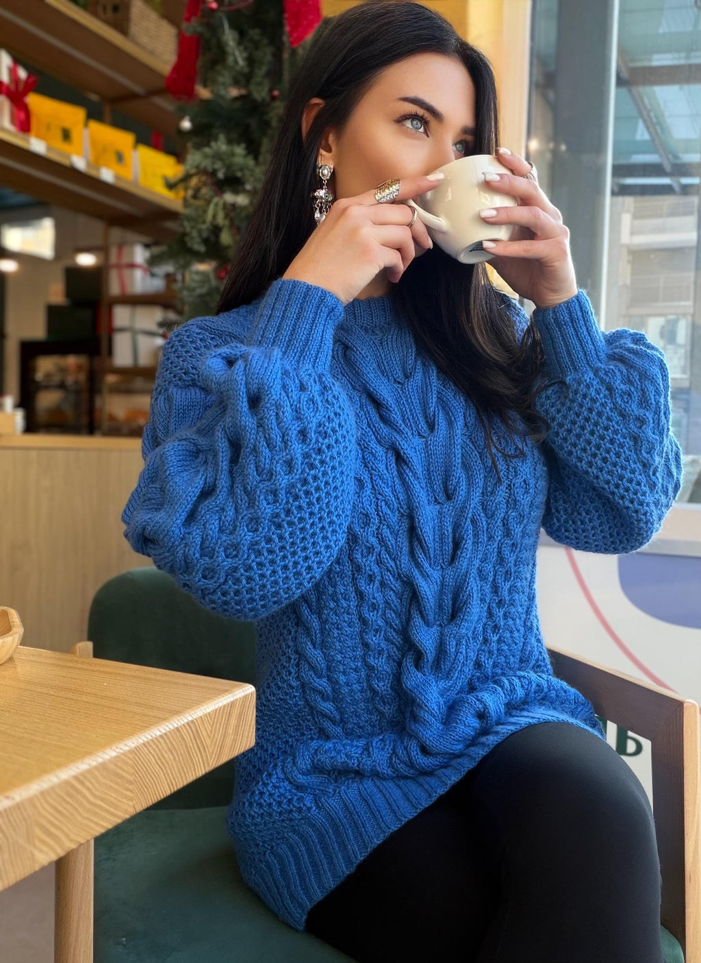 Large big merino wool royal blue hand knit sweater dress Cable knit Aran sweater Chunky knit sweater round collar Winter outfits