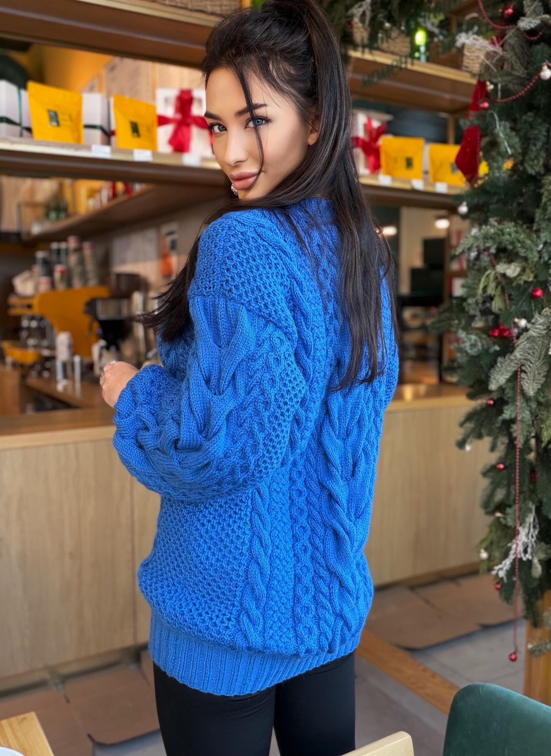 Large big merino wool royal blue hand knit sweater dress Cable knit Aran sweater Chunky knit sweater round collar Winter outfits