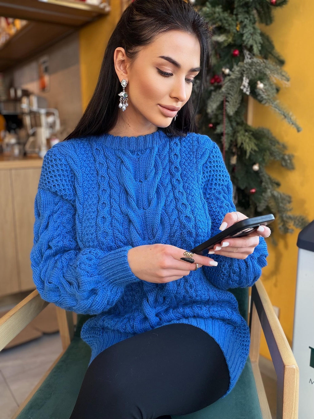 Large big merino wool royal blue hand knit sweater dress Cable knit Aran sweater Chunky knit sweater round collar Winter outfits