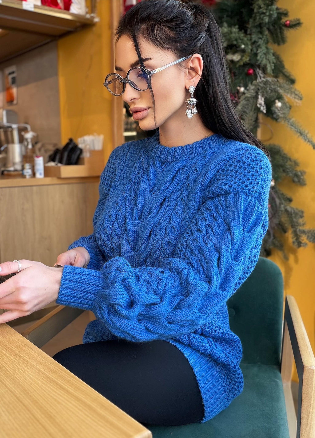 Large big merino wool royal blue hand knit sweater dress Cable knit Aran sweater Chunky knit sweater round collar Winter outfits