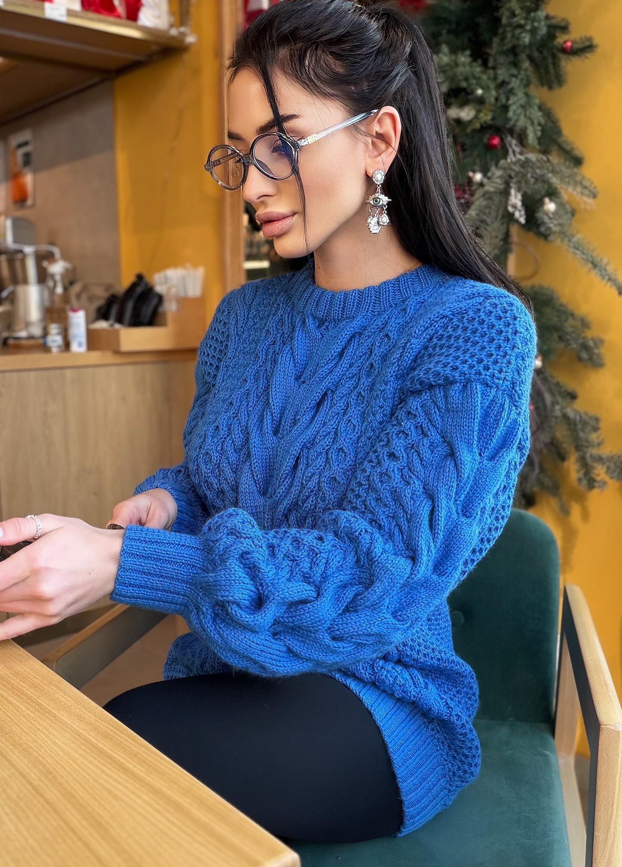 Large big merino wool royal blue hand knit sweater dress Cable knit Aran sweater Chunky knit sweater round collar Winter outfits