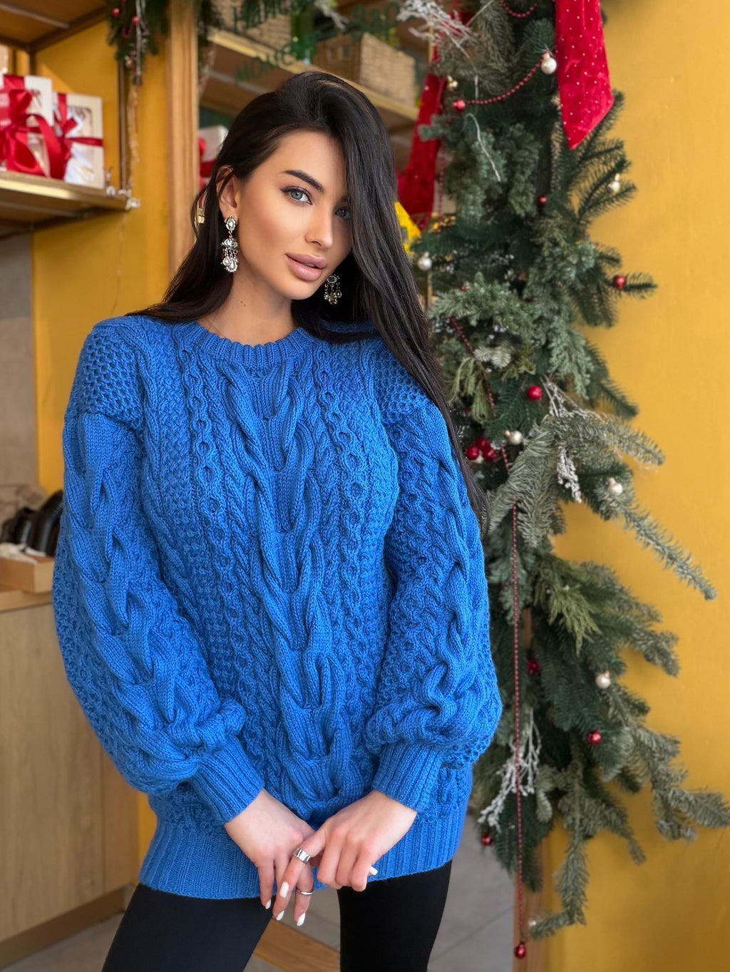 Large big merino wool royal blue hand knit sweater dress Cable knit Aran sweater Chunky knit sweater round collar Winter outfits