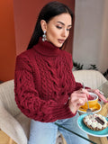 Crop hand knit red wine 100% merino wool aran sweater turtleneck Chunky Knit Pullover Womens Cable knit merino wool winter jumper