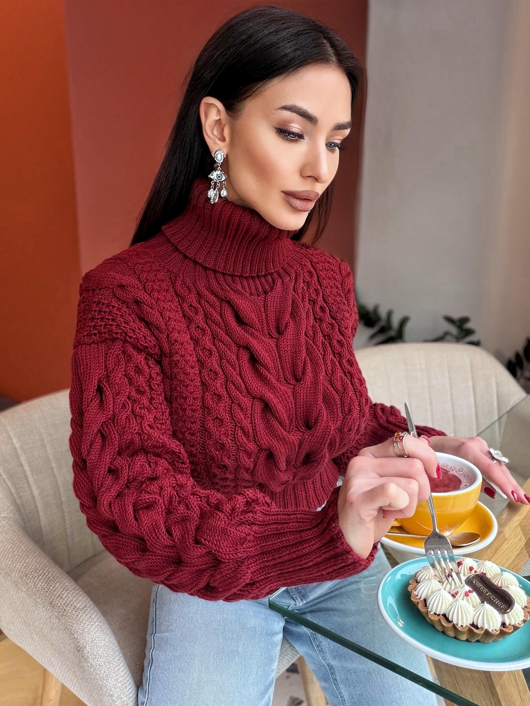 Crop hand knit red wine 100% merino wool aran sweater turtleneck Chunky Knit Pullover Womens Cable knit merino wool winter jumper