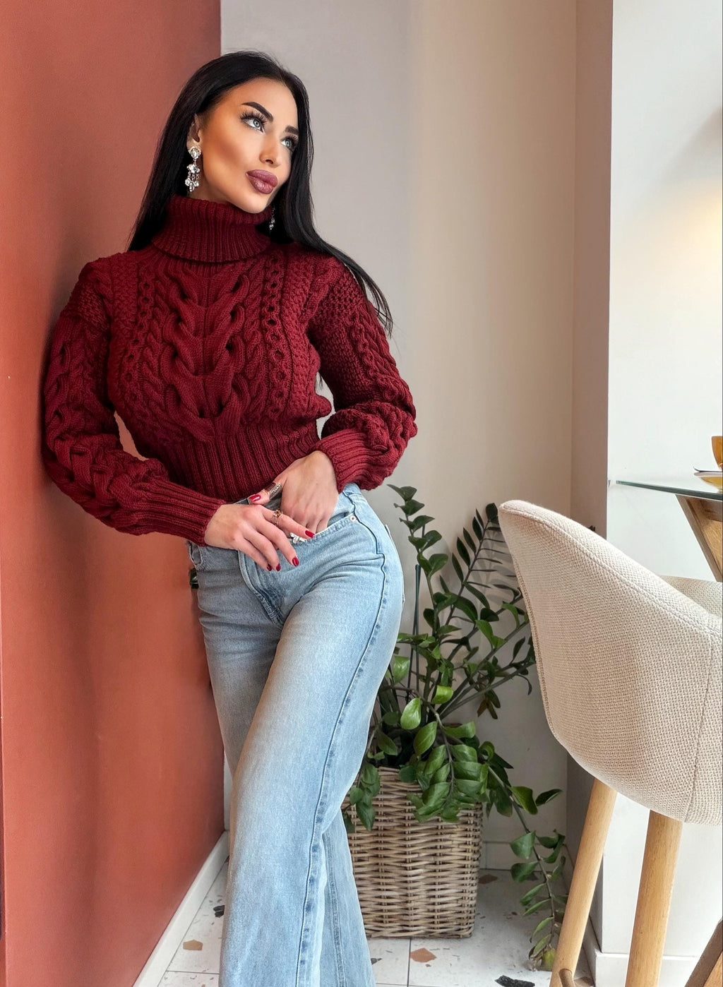 Crop hand knit red wine 100% merino wool aran sweater turtleneck Chunky Knit Pullover Womens Cable knit merino wool winter jumper