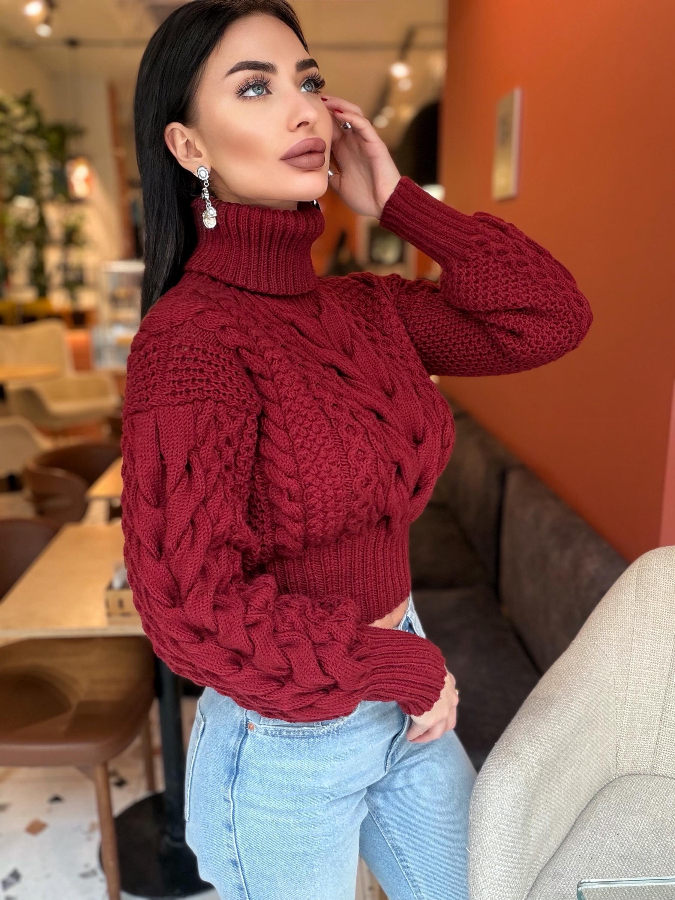 Crop hand knit red wine 100% merino wool aran sweater turtleneck Chunky Knit Pullover Womens Cable knit merino wool winter jumper