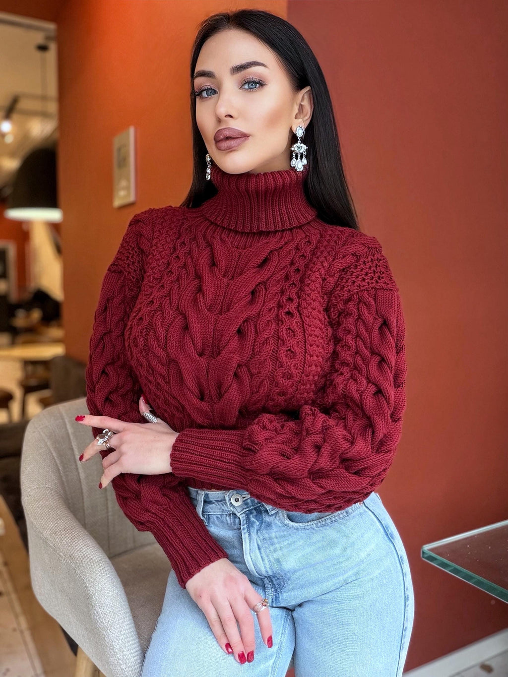 Crop hand knit red wine 100% merino wool aran sweater turtleneck Chunky Knit Pullover Womens Cable knit merino wool winter jumper
