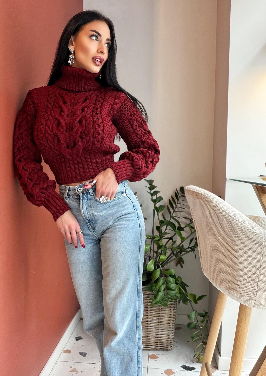 Crop hand knit red wine 100% merino wool aran sweater turtleneck Chunky Knit Pullover Womens Cable knit merino wool winter jumper
