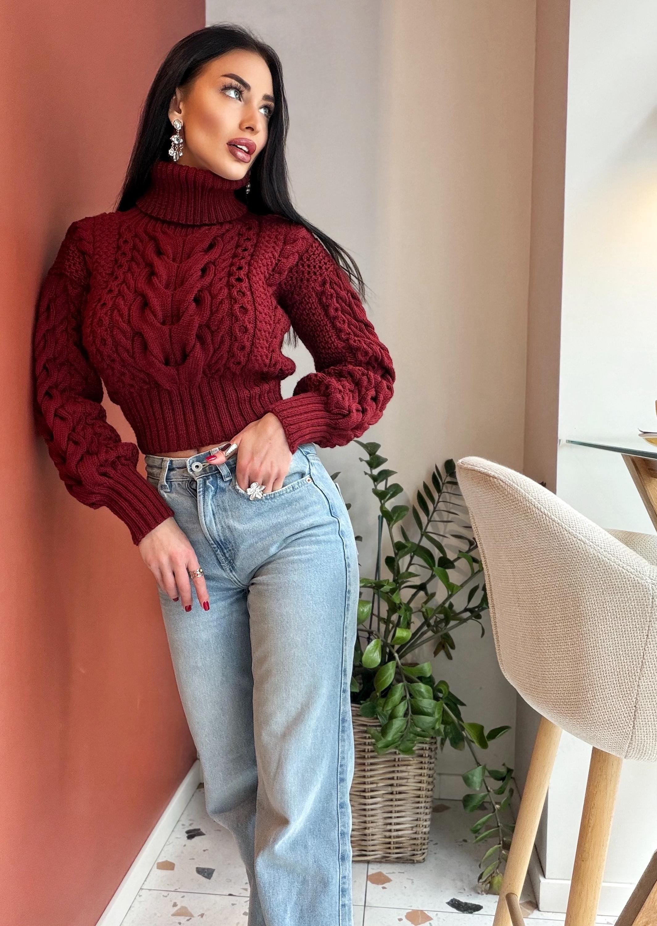 Crop hand knit red wine 100% merino wool aran sweater turtleneck Chunky Knit Pullover Womens Cable knit merino wool winter jumper