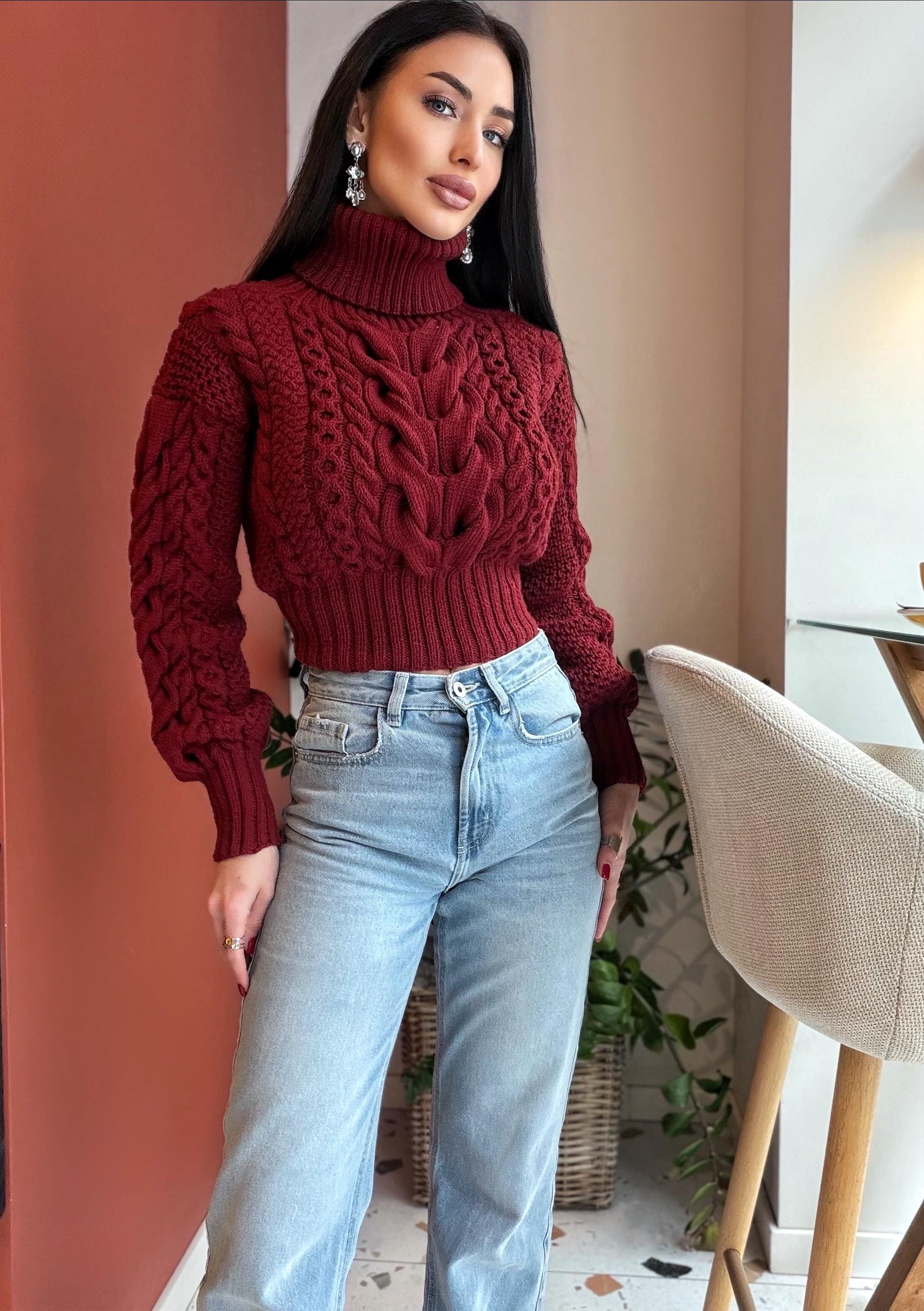 Crop hand knit red wine 100% merino wool aran sweater turtleneck Chunky Knit Pullover Womens Cable knit merino wool winter jumper