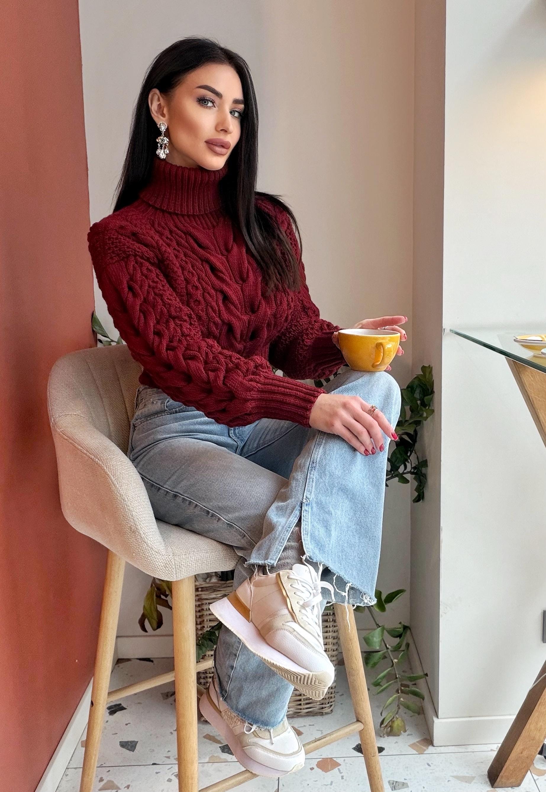 Crop hand knit red wine 100% merino wool aran sweater turtleneck Chunky Knit Pullover Womens Cable knit merino wool winter jumper