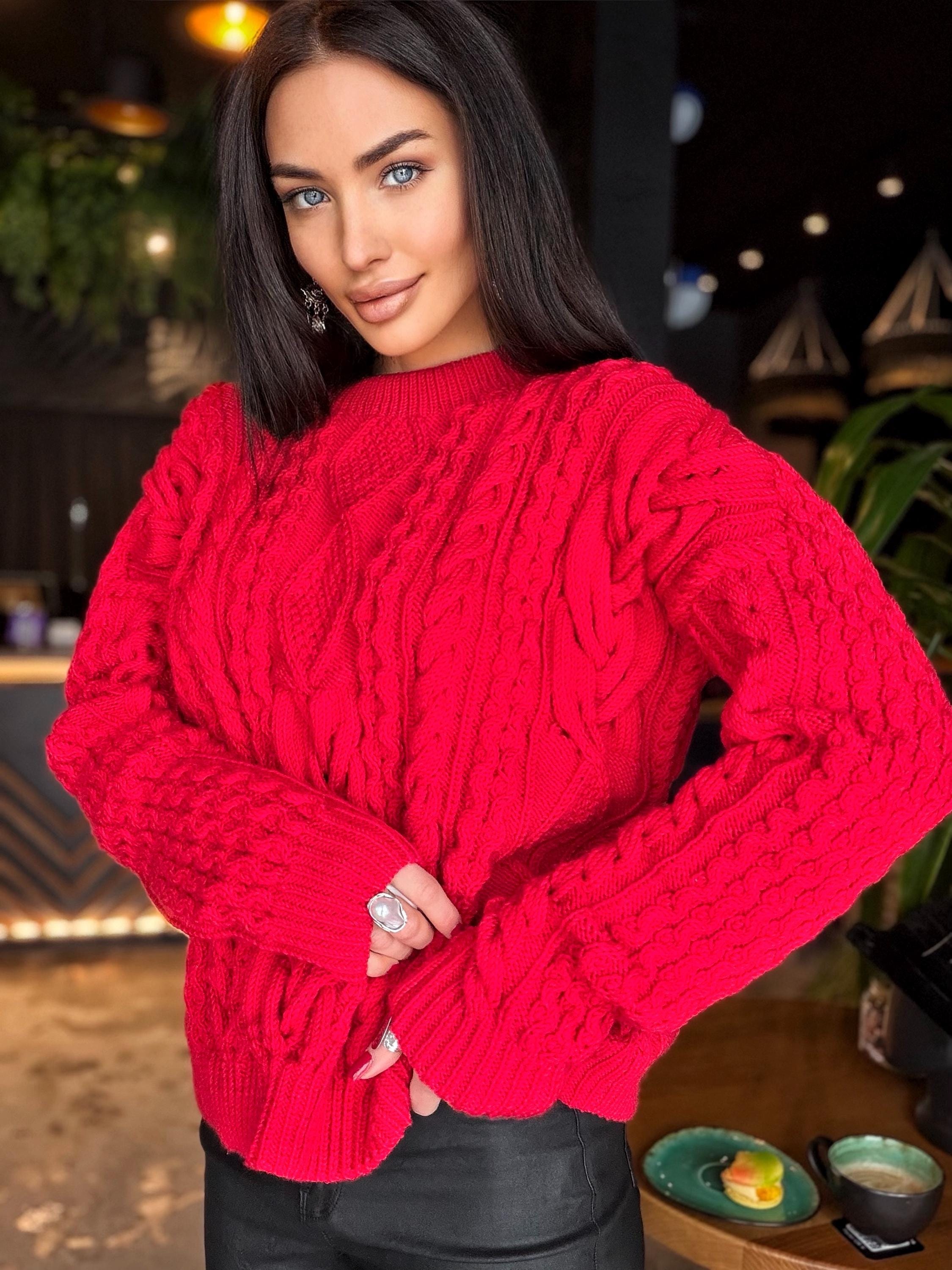 Aran hand knit Red Merino Wool Scandinavian Sweater Chunky knit oversized pullover Oversize crop sweater Women cable knit sweater