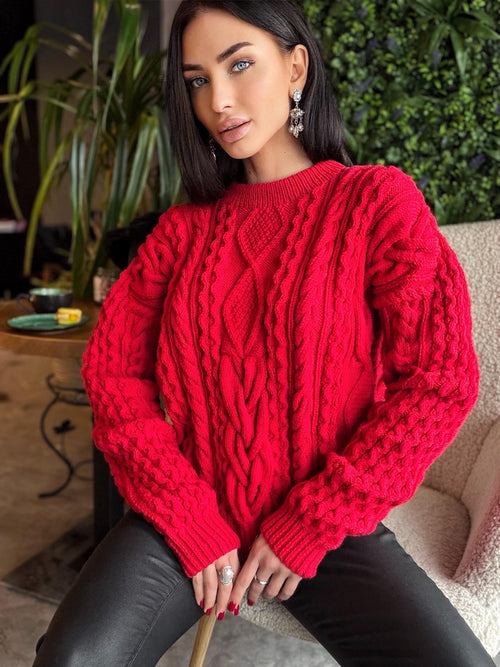 Aran hand knit Red Merino Wool Scandinavian Sweater Chunky knit oversized pullover Oversize crop sweater Women cable knit sweater