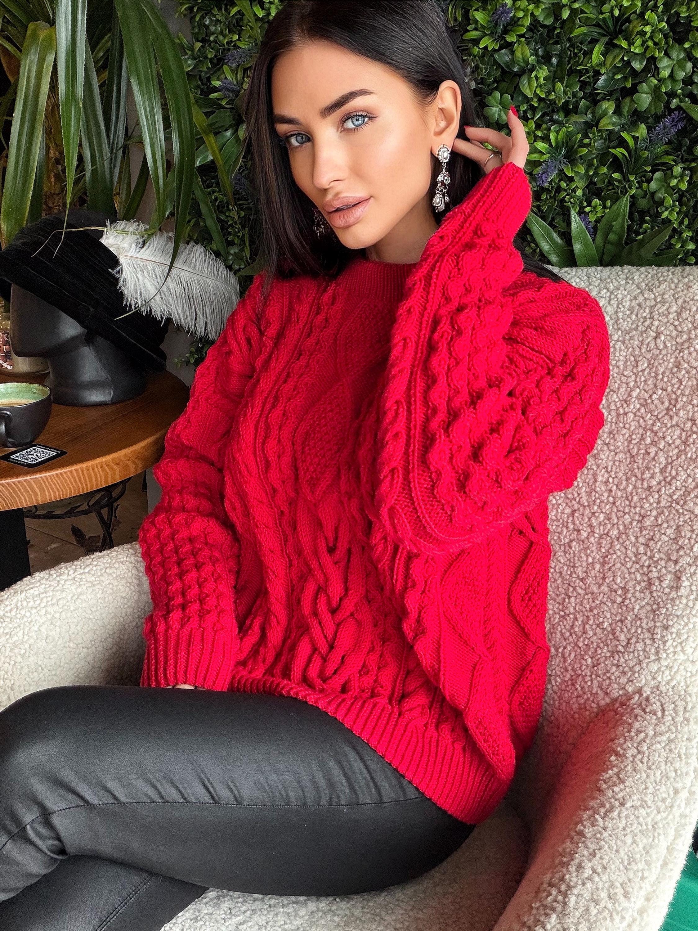 Aran hand knit Red Merino Wool Scandinavian Sweater Chunky knit oversized pullover Oversize crop sweater Women cable knit sweater