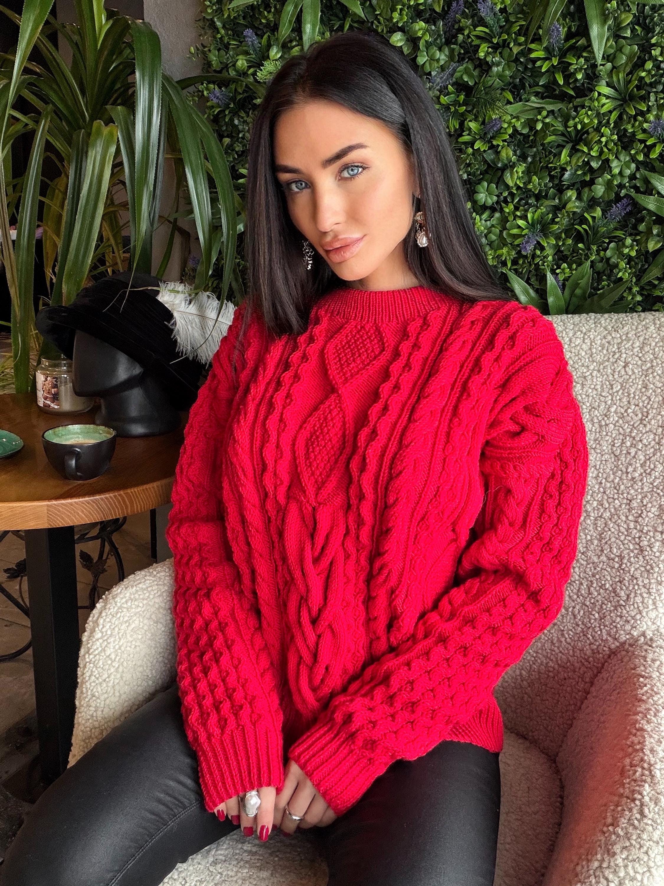 Aran hand knit Red Merino Wool Scandinavian Sweater Chunky knit oversized pullover Oversize crop sweater Women cable knit sweater