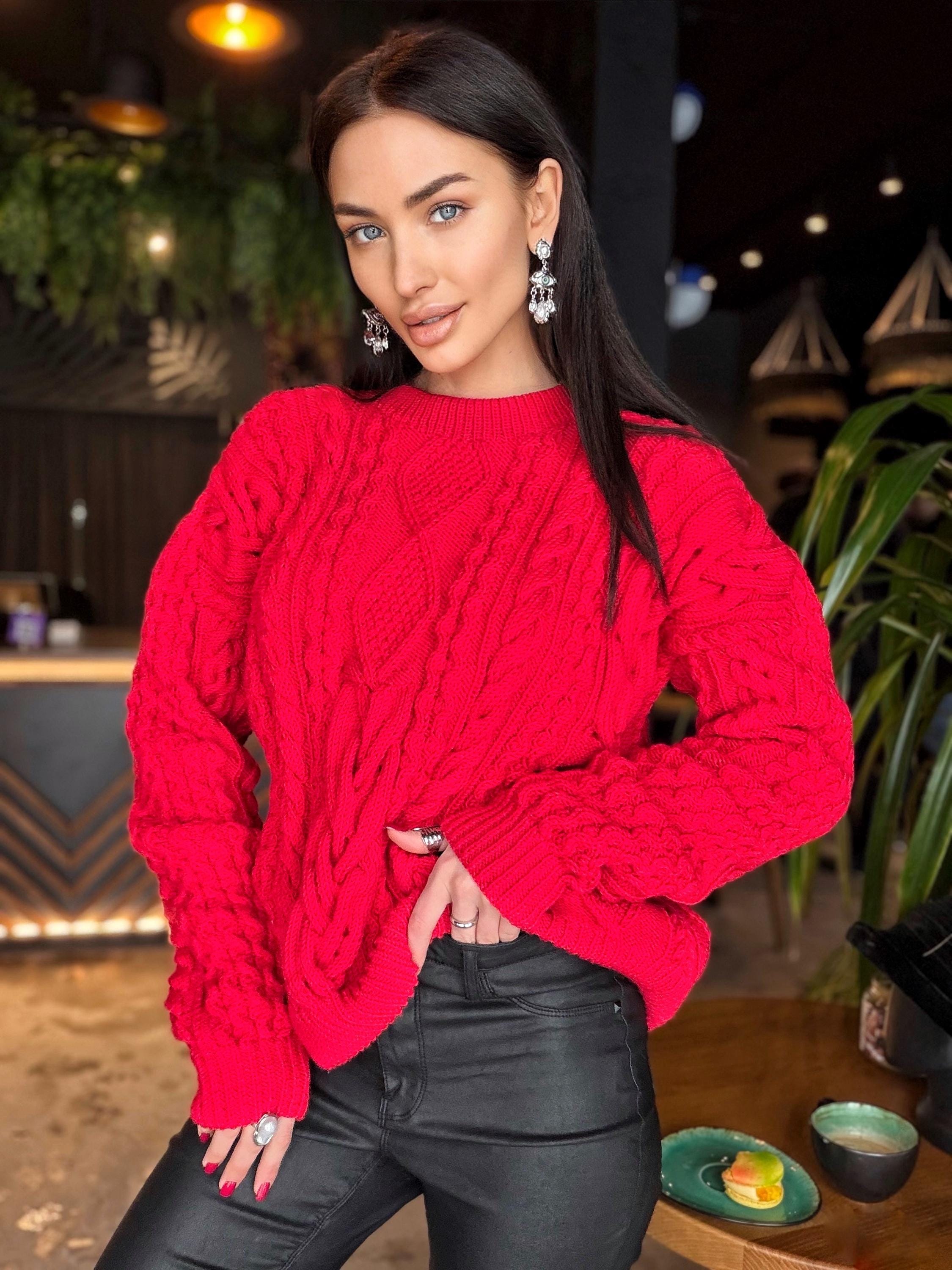 Aran hand knit Red Merino Wool Scandinavian Sweater Chunky knit oversized pullover Oversize crop sweater Women cable knit sweater