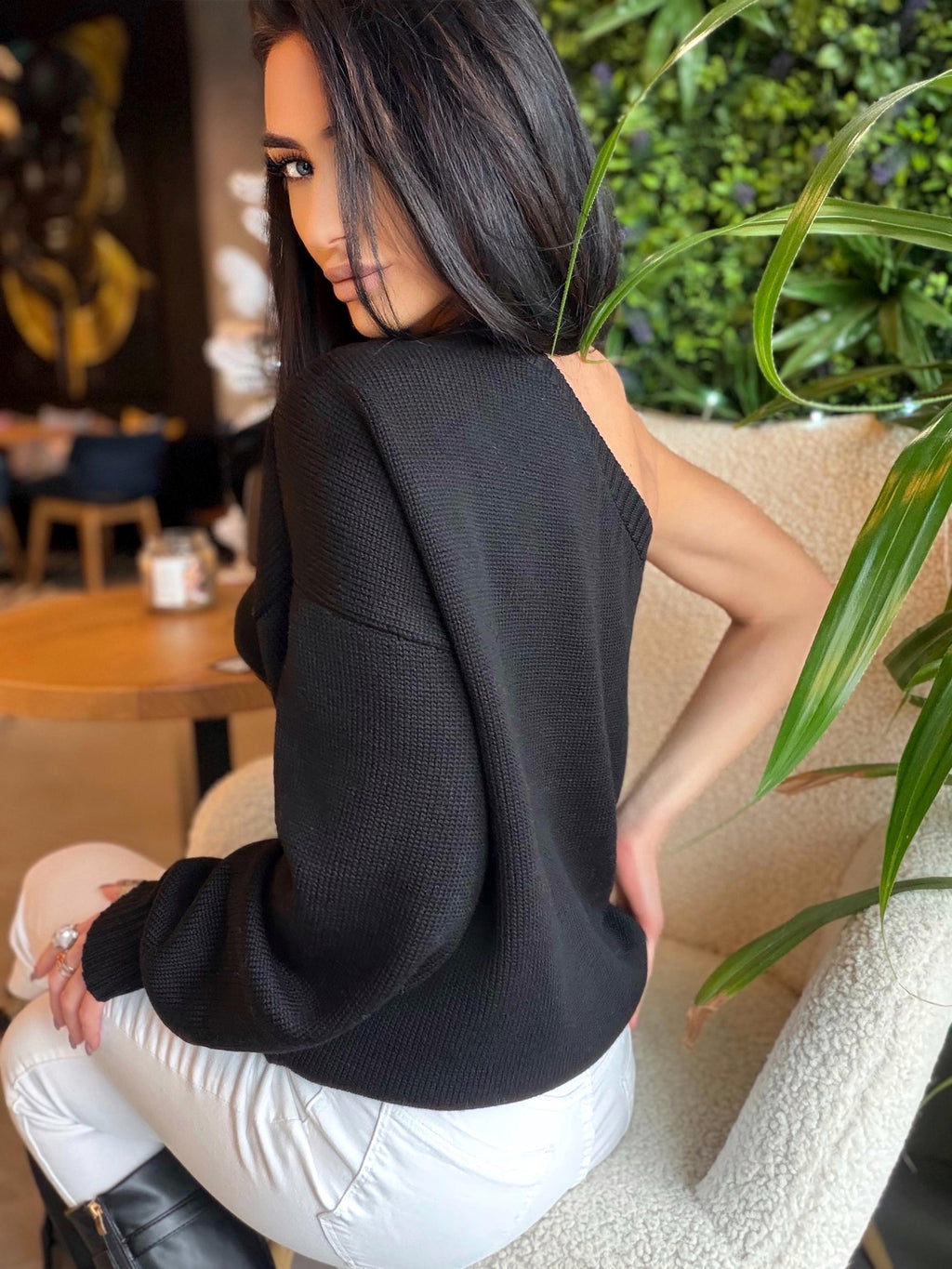 One sleeve one shoulde knit wool sweater top for womens Off shoulder sweater Cropped wool cotton pullover top oversized