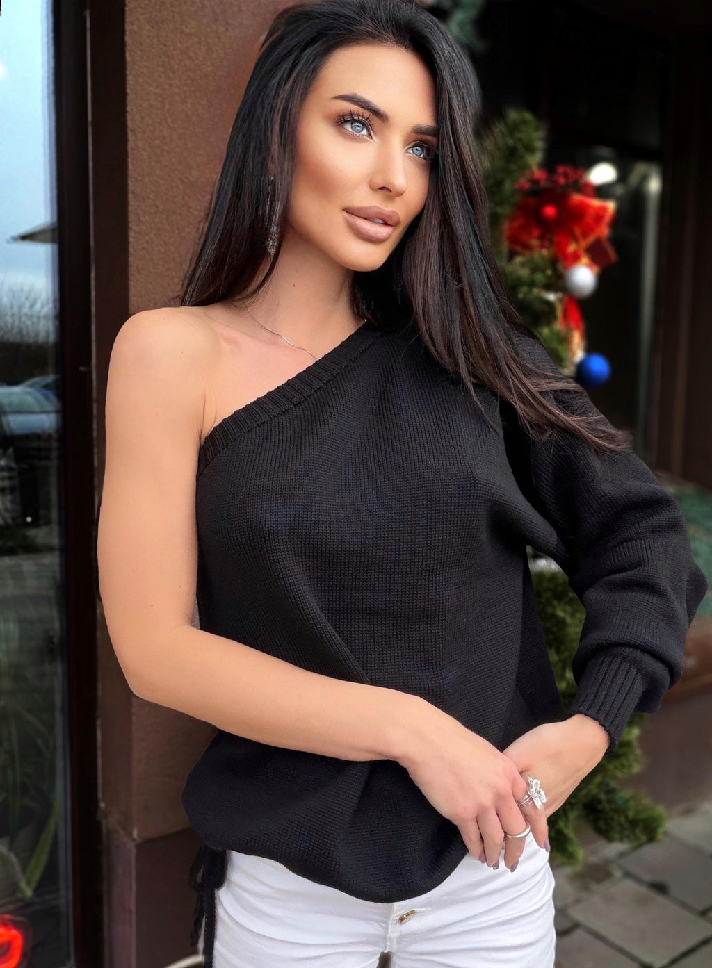 One sleeve one shoulde knit wool sweater top for womens Off shoulder sweater Cropped wool cotton pullover top oversized