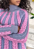 Cable hand knit merino wool grey pink sweater large turtleneck braids for women Chunky knit pullover high collar