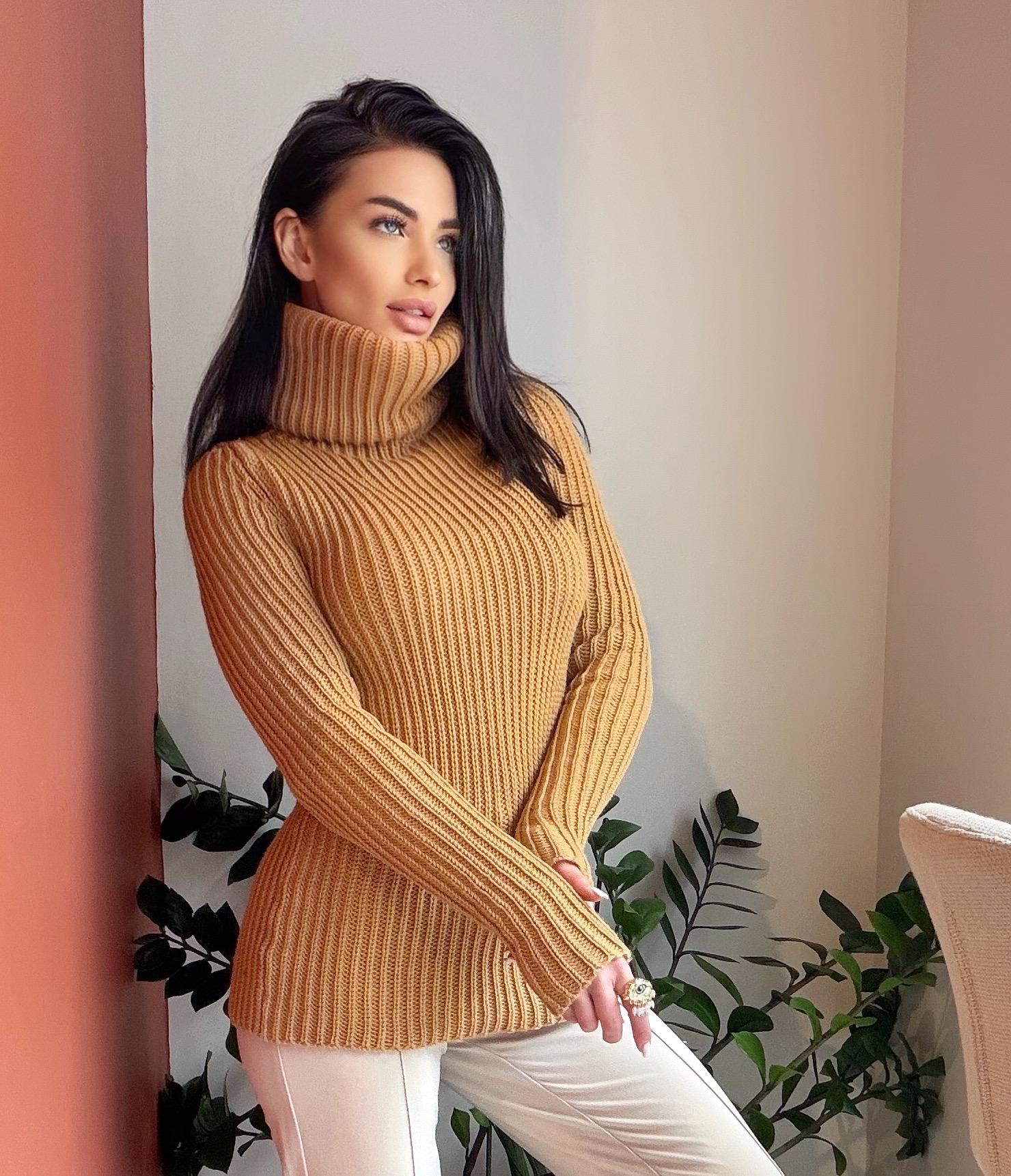 Hand knit large merino wool beige / caramel turtleneck sweater dress Cable Knit Pastel wool pullover Womens Chunky knit sweater dress
