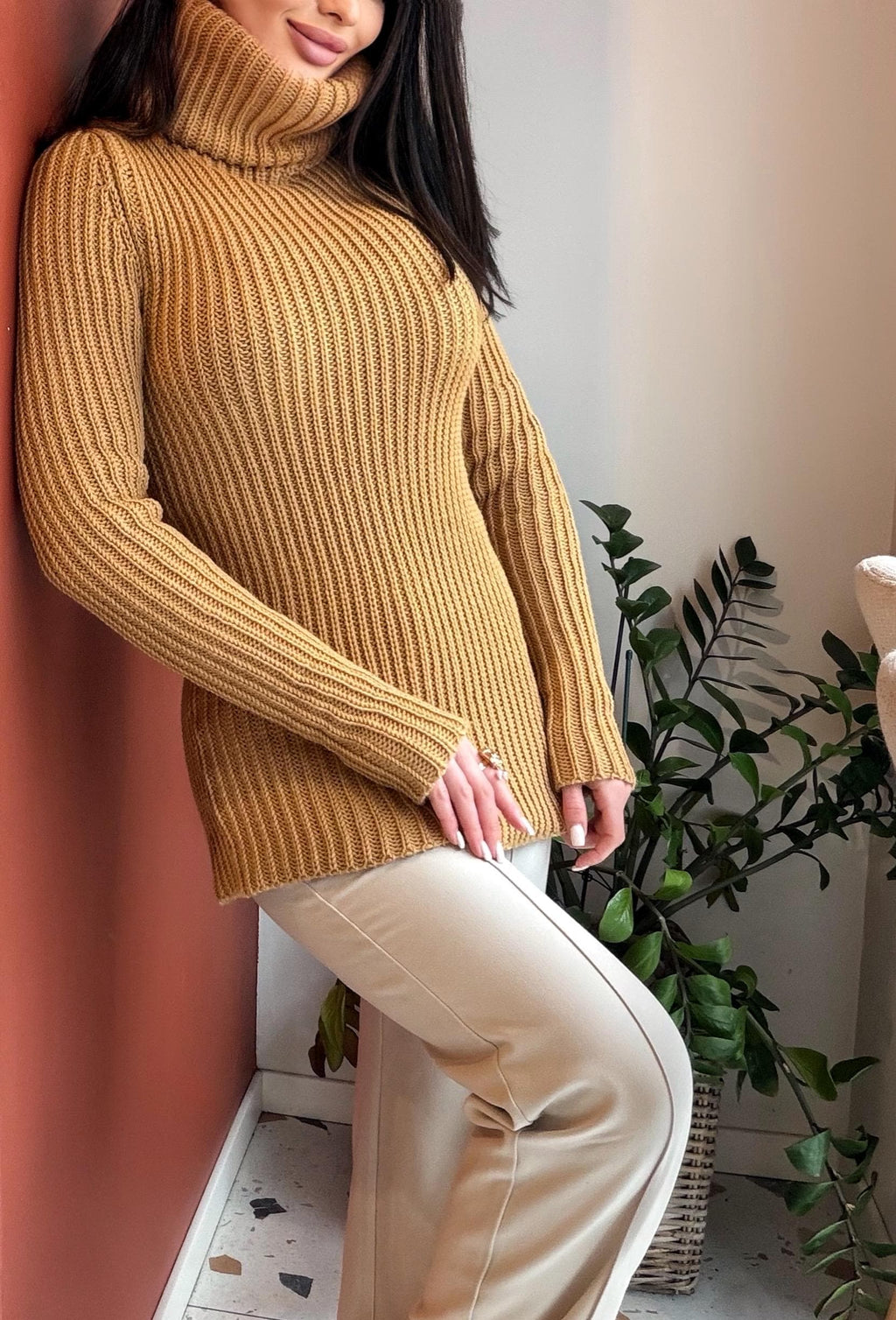 Hand knit large merino wool beige / caramel turtleneck sweater dress Cable Knit Pastel wool pullover Womens Chunky knit sweater dress