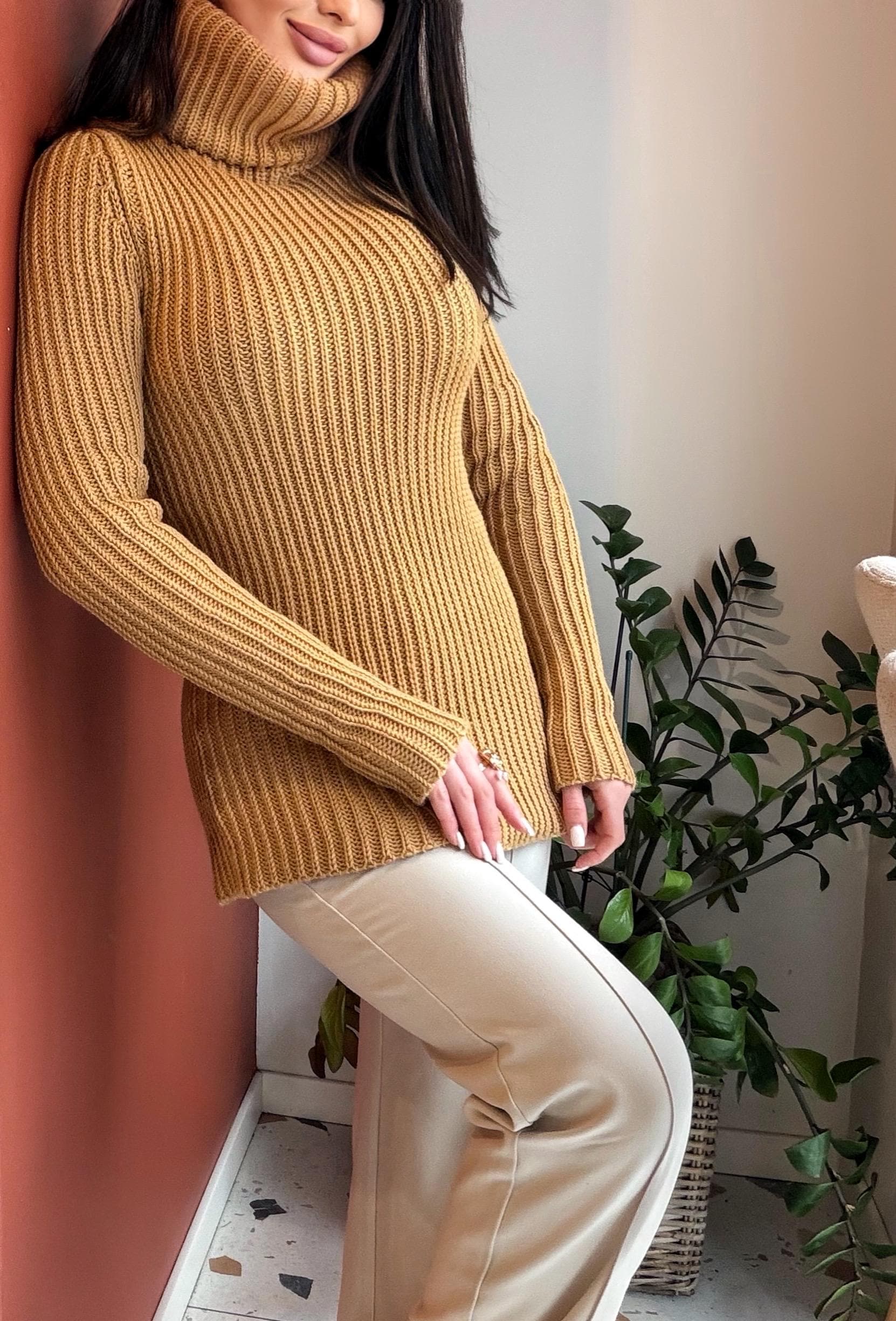 Hand knit large merino wool beige / caramel turtleneck sweater dress Cable Knit Pastel wool pullover Womens Chunky knit sweater dress