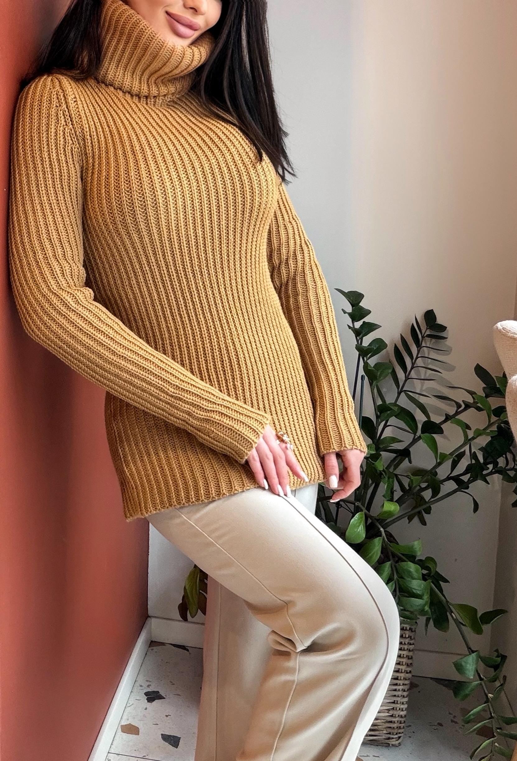 Hand knit large merino wool beige / caramel turtleneck sweater dress Cable Knit Pastel wool pullover Womens Chunky knit sweater dress