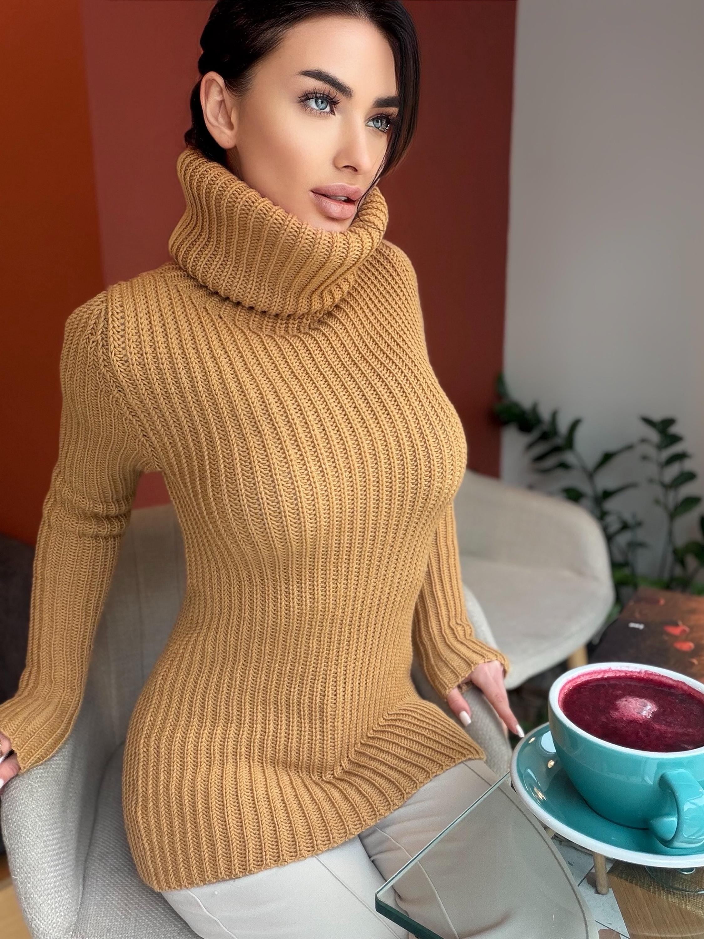 Large hand knit caramel merino wool beige turtleneck sweater dress Knit wool pullover high collar Womens Chunky knit sweater dress