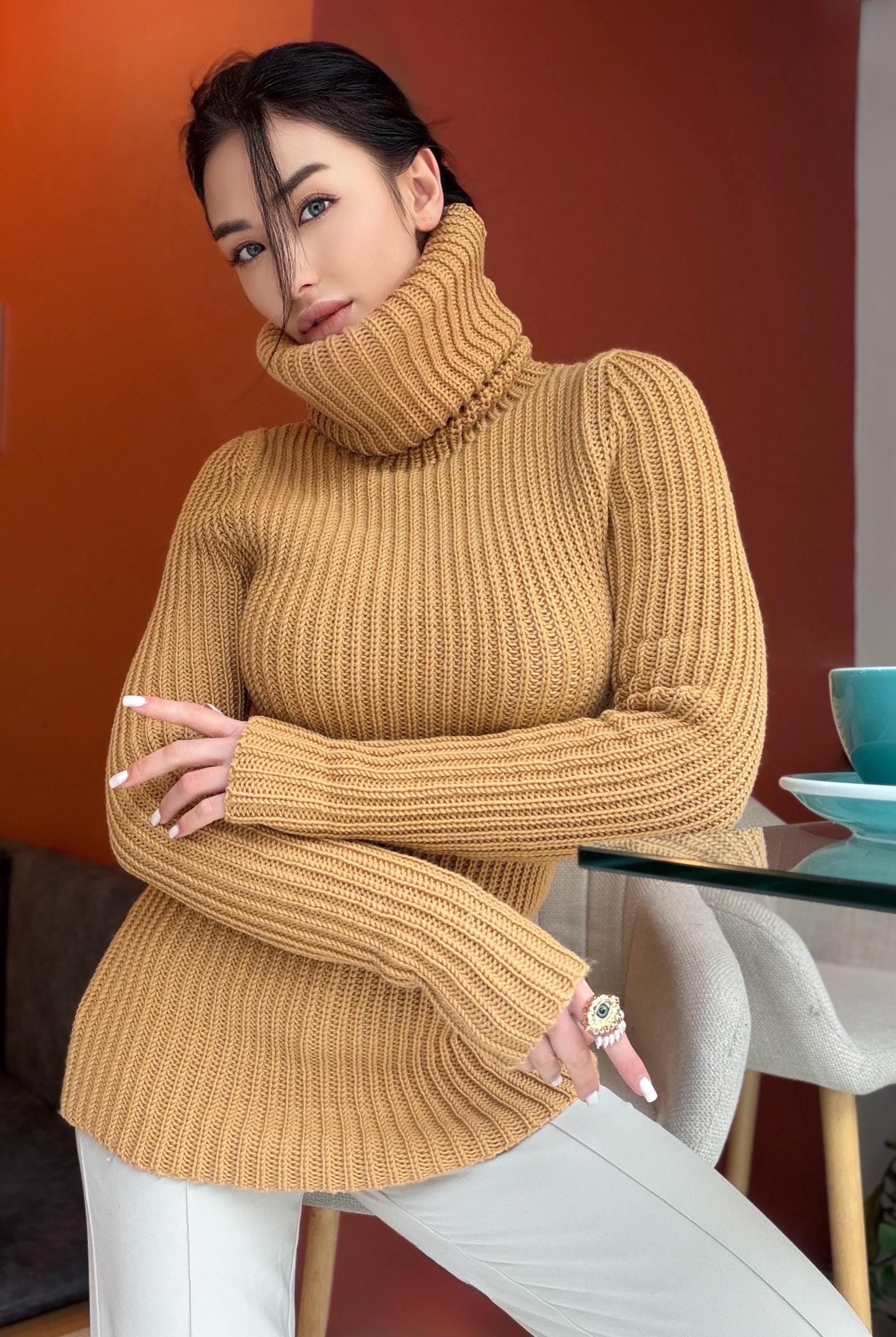 Large hand knit caramel merino wool beige turtleneck sweater dress Knit wool pullover high collar Womens Chunky knit sweater dress
