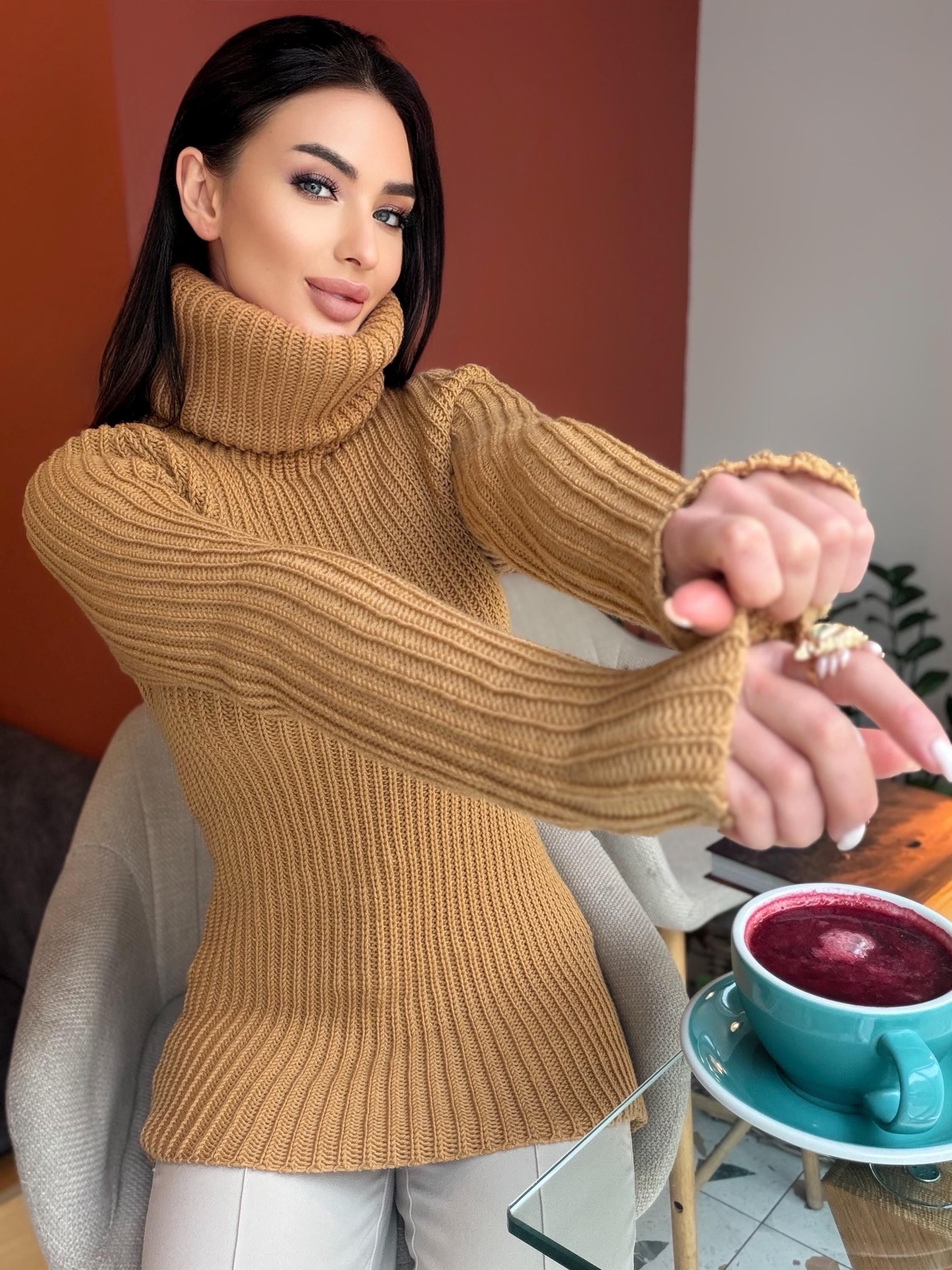 Hand knit large merino wool beige / caramel turtleneck sweater dress Cable Knit Pastel wool pullover Womens Chunky knit sweater dress