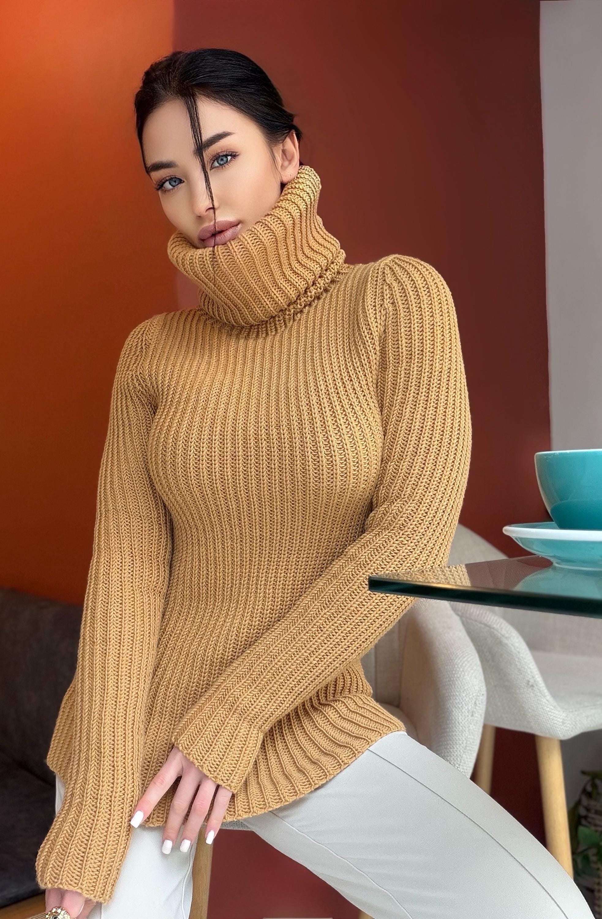 Hand knit large merino wool beige / caramel turtleneck sweater dress Cable Knit Pastel wool pullover Womens Chunky knit sweater dress