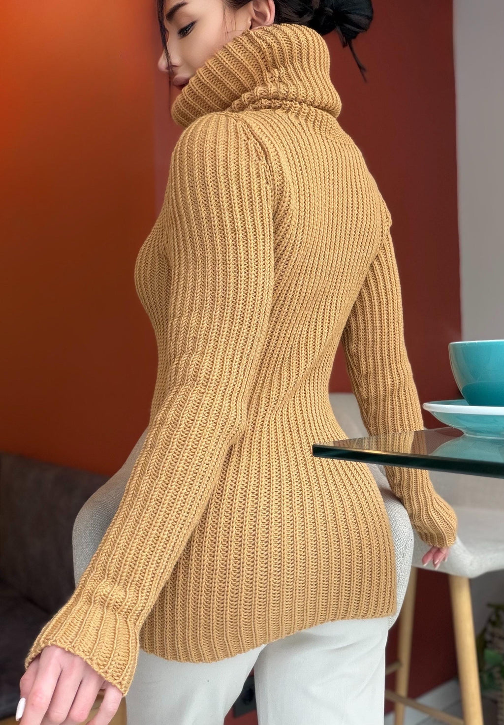 Large hand knit caramel merino wool beige turtleneck sweater dress Knit wool pullover high collar Womens Chunky knit sweater dress