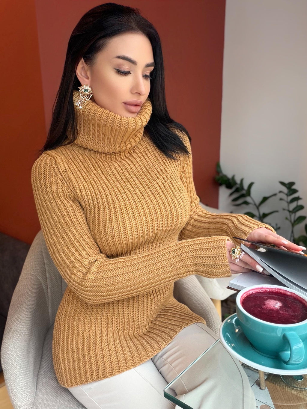 Hand knit large merino wool beige / caramel turtleneck sweater dress Cable Knit Pastel wool pullover Womens Chunky knit sweater dress