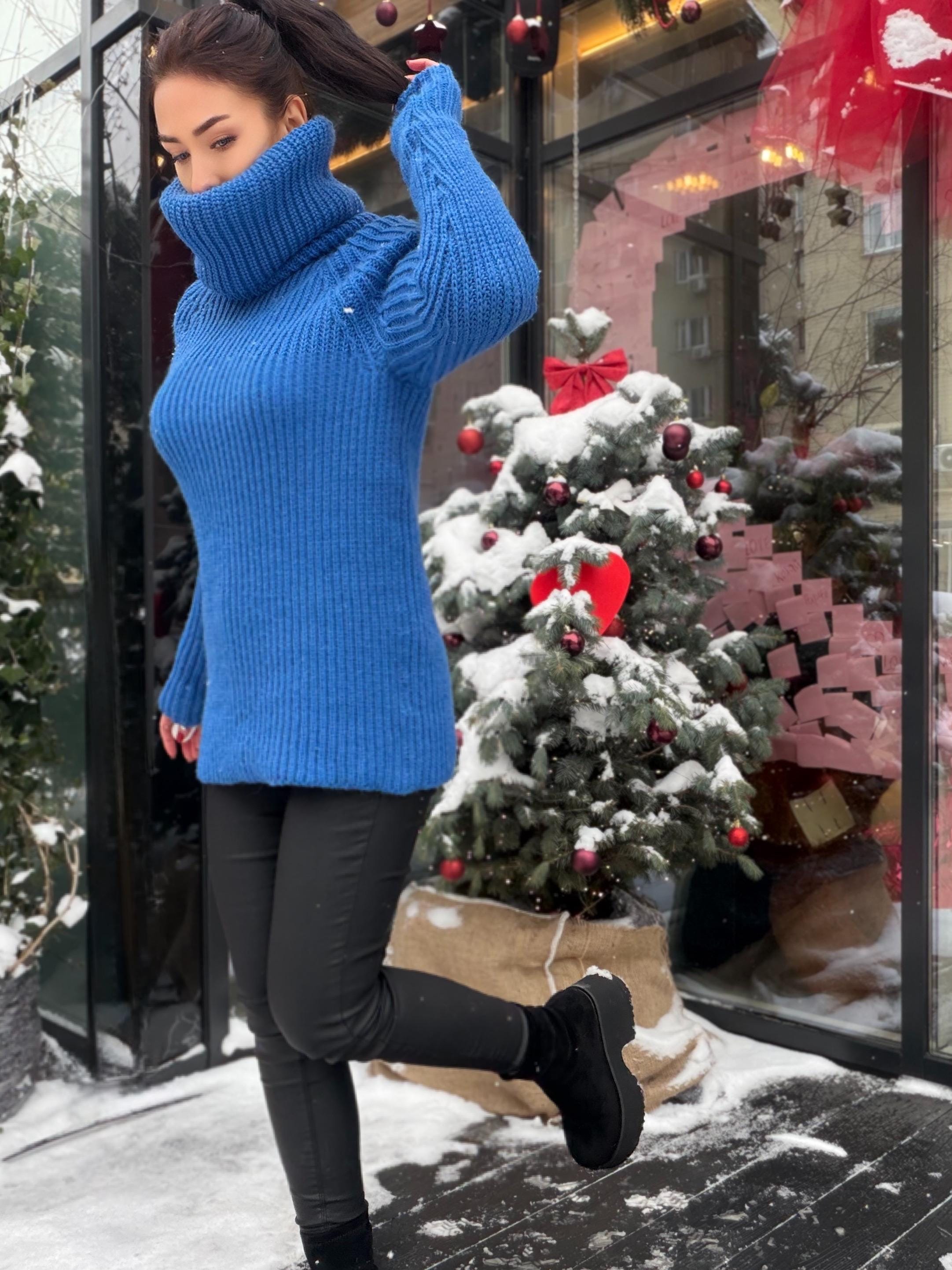 Large chunky knit wool sweater turtleneck in blue High collar long sleeves pullover Womens Chunky knit sweater dress Plus size
