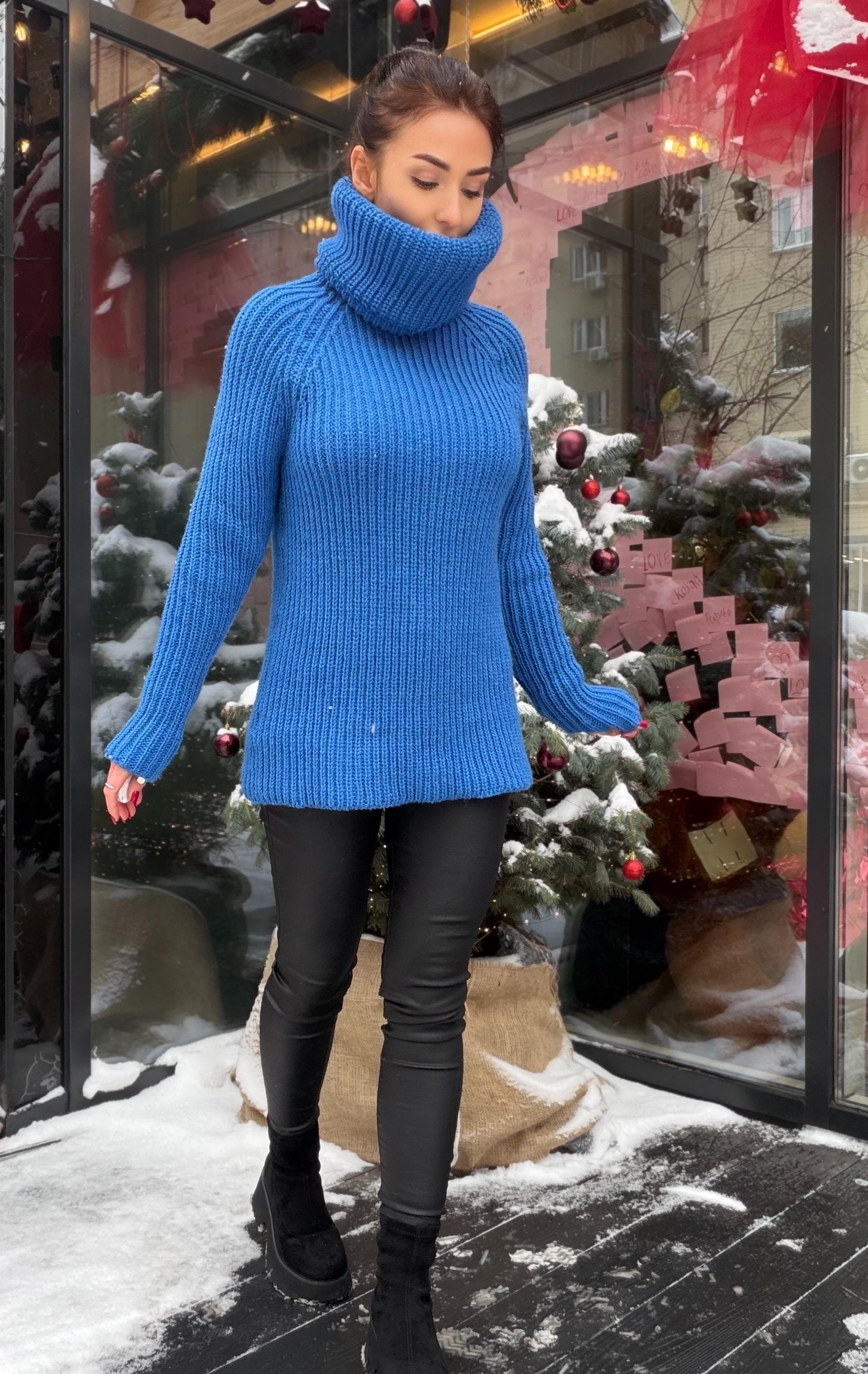 Large chunky knit wool sweater turtleneck in blue High collar long sleeves pullover Womens Chunky knit sweater dress Plus size