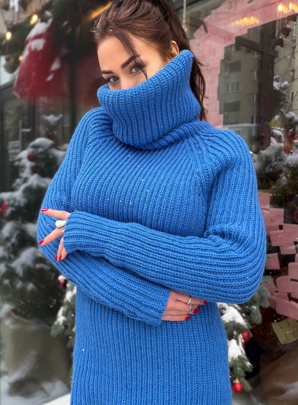 Large chunky knit wool sweater turtleneck in blue High collar long sleeves pullover Womens Chunky knit sweater dress Plus size