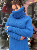 Large chunky knit wool sweater turtleneck in blue High collar long sleeves pullover Womens Chunky knit sweater dress Plus size