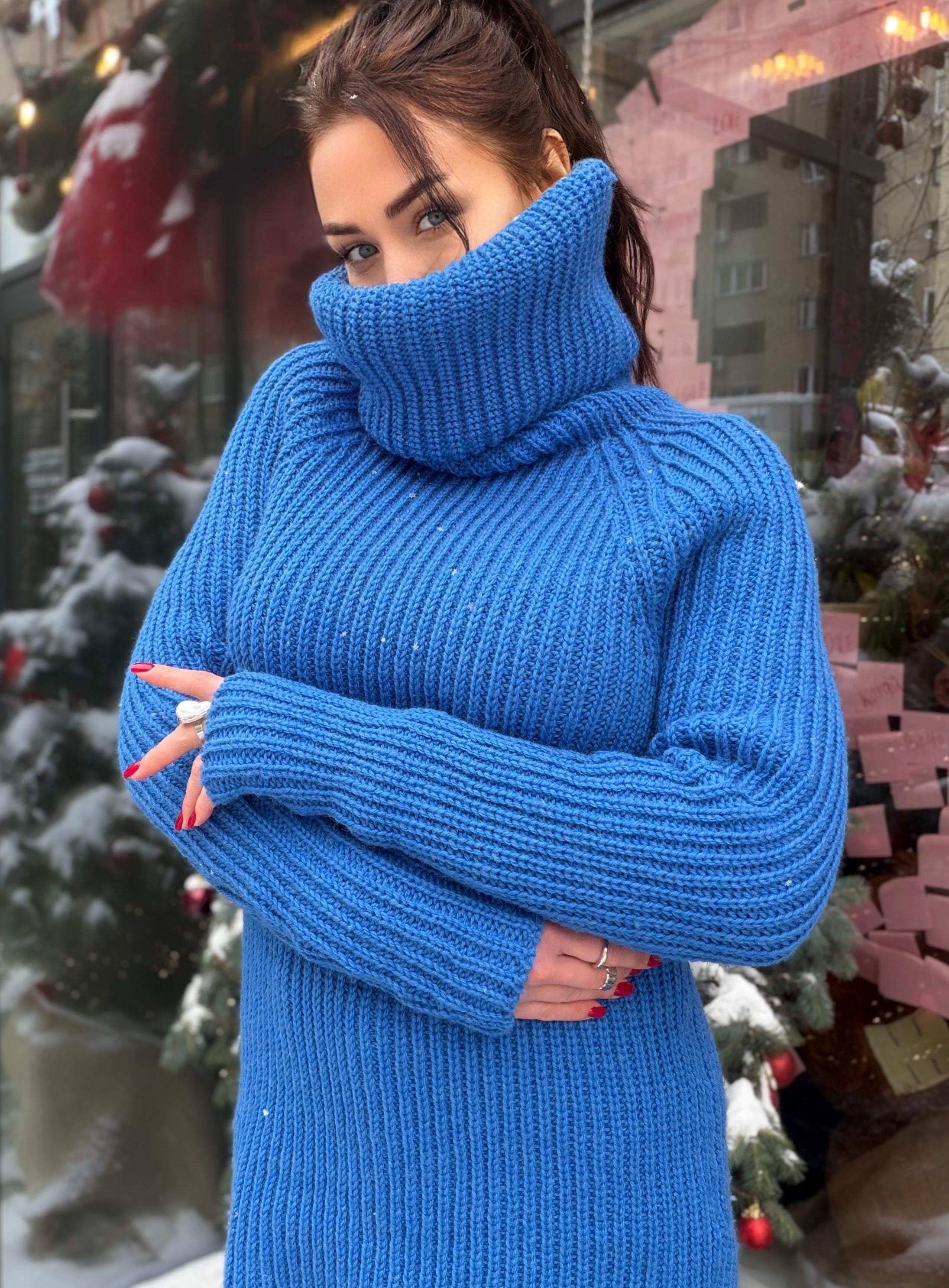 Large chunky knit wool sweater turtleneck in blue High collar long sleeves pullover Womens Chunky knit sweater dress Plus size