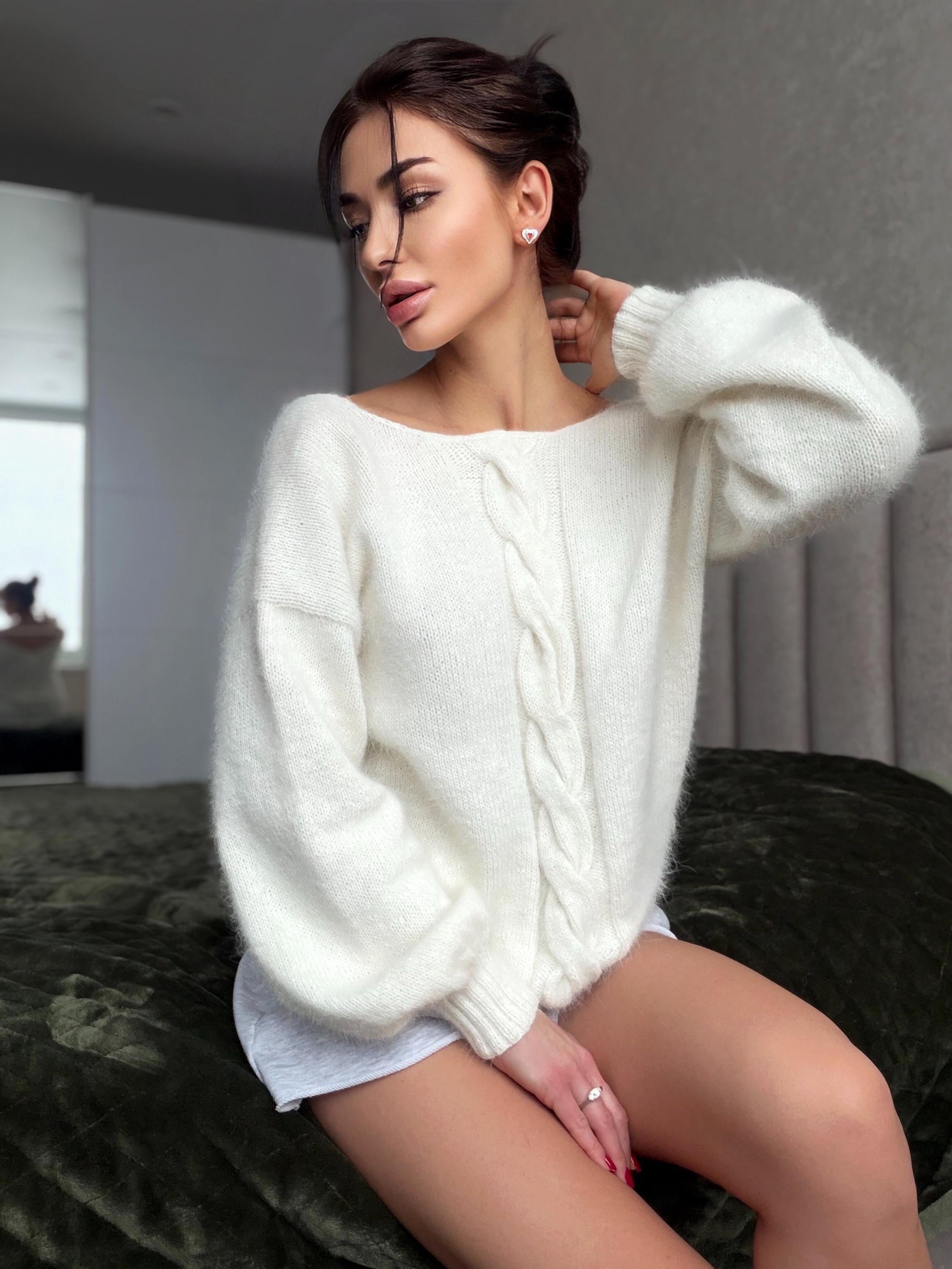 Angora wool knit milk - white sweater Open back Deep neckline hand knit fluffy cozy angora pastel pullover Loose fit oversize V-neck