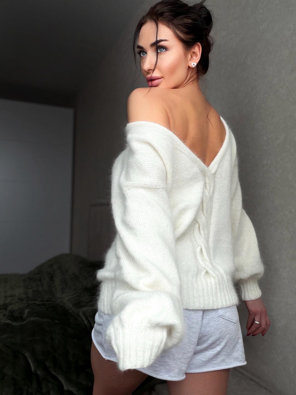 Angora wool knit milk - white sweater Open back Deep neckline hand knit fluffy cozy angora pastel pullover Loose fit oversize V-neck
